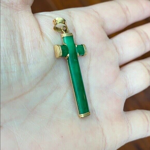 14K Solid Real Yellow Gold Cross Jade Charm Pendant - P35