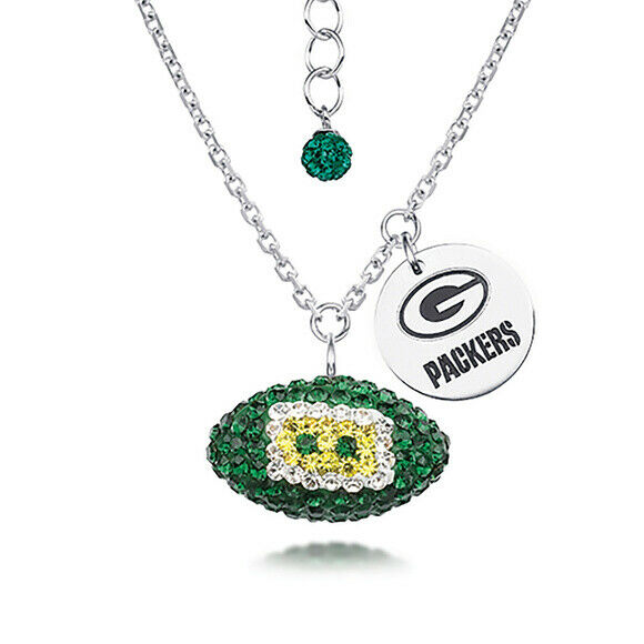 Licensed NFL Team Green Bay Packers Football Crytals Necklace Sterling Silver