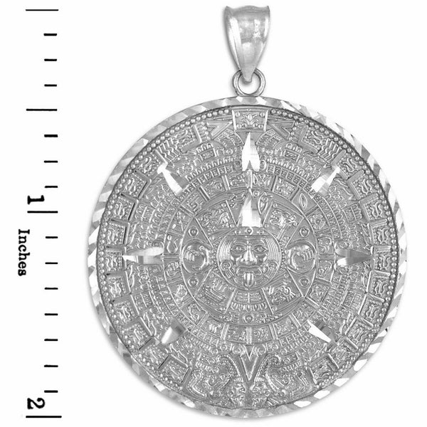 14K White Gold Aztec Mayan Mexico Sun Calendar Pendant - Small, Medium, Large