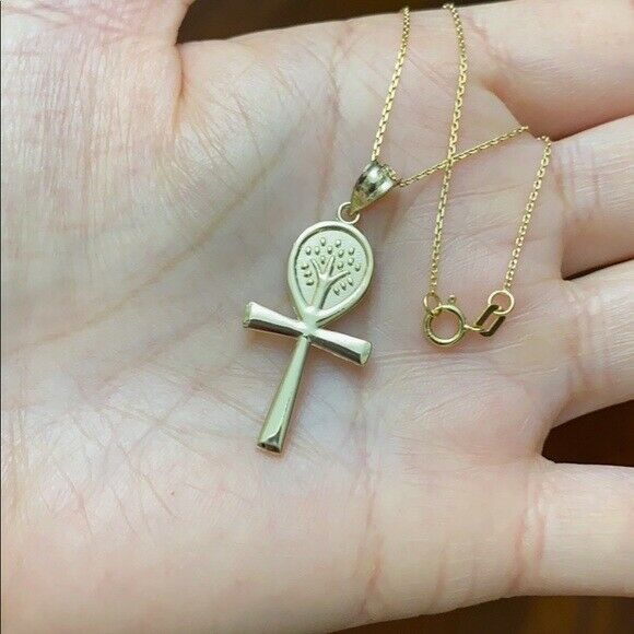 10K Real Rose Gold Ankh Cross Tree of Life Pendant Necklace