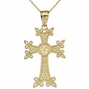Solid 10k Yellow Gold Armenian Apostolic Trinity Knot Cross Pendant Necklace