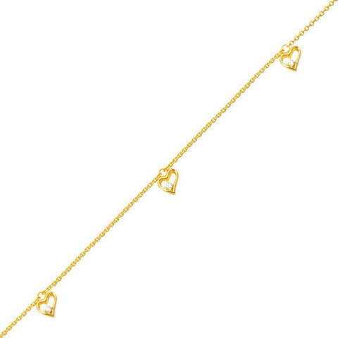14K Solid Gold Heart Dangle Chain Anklet - Yellow 10" inches