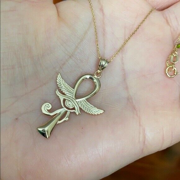 10k Solid Rose Gold Ankh With Eye of Horus Pendant Necklace