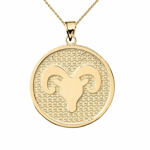 14K Solid Gold Aries Zodiac Sign Disc Round Pendant Necklace
