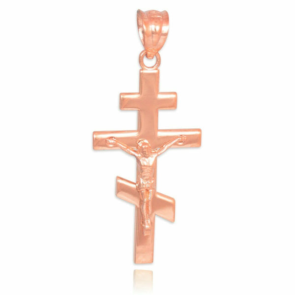 Solid 14k Rose Gold Russian Orthodox Crucifix Pendant Necklace