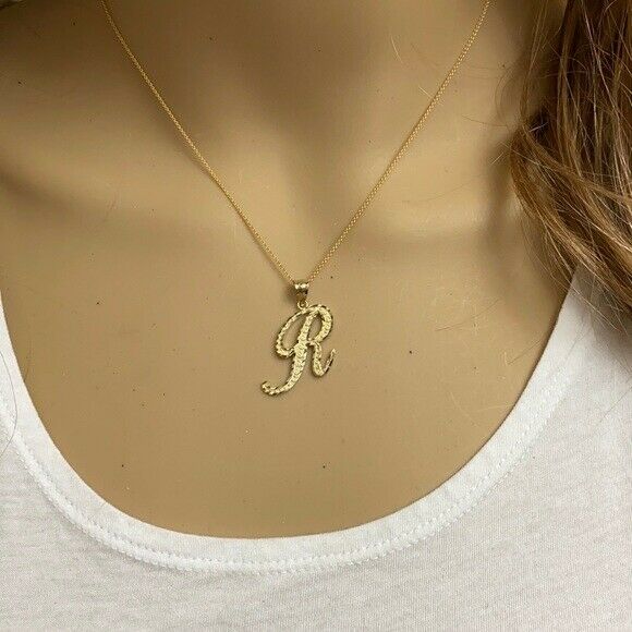 10k Solid Yellow Gold Cursive Initial Letter R Pendant Necklace