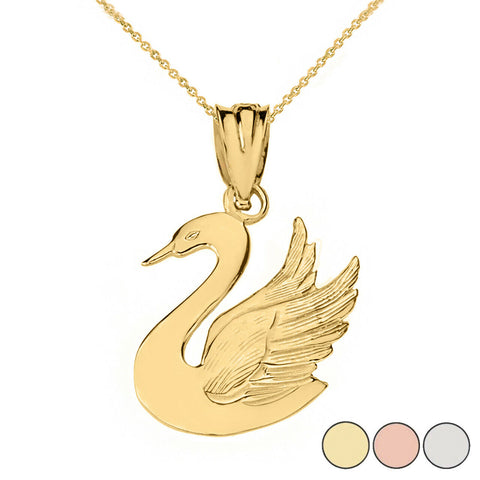 10K Solid Gold Swan Cygnini Symbolizes Grace, Love, Beauty Pendant Necklace