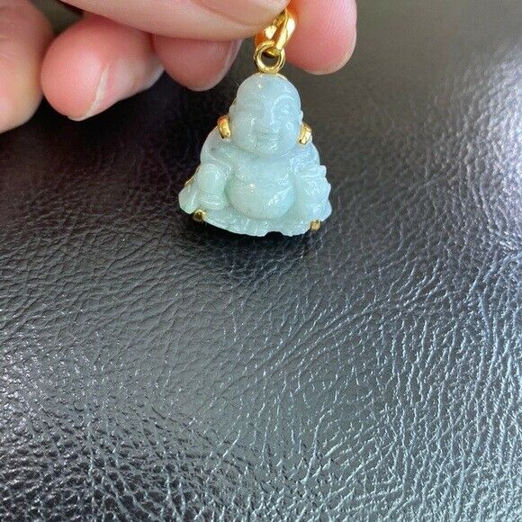 14K Solid Gold Buddhist Laughing Buddha Natural Jade Pendant Necklace Small Kid