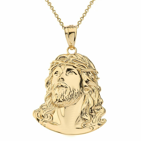 10k Yellow Gold Jesus Christ Face Head Crown Of Thorns Pendant Necklace S, M, L