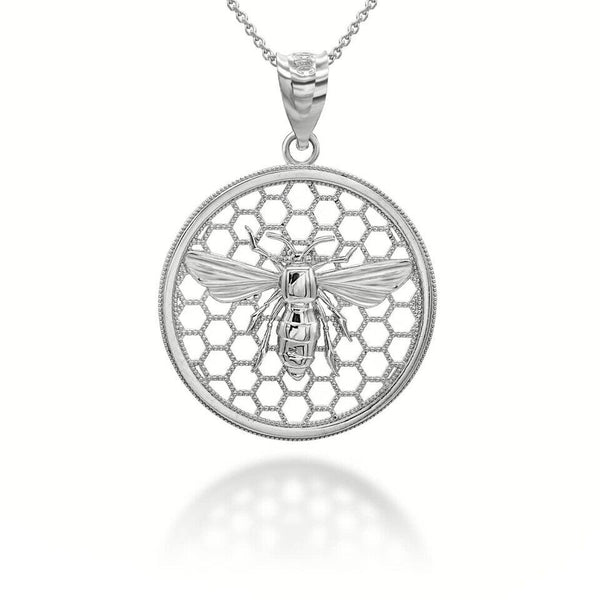 14K Solid Gold Queen Bee Honey Comb Pendant Necklace - Yellow, Rose, or White
