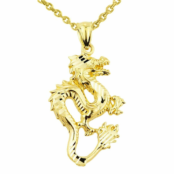 10k Solid Yellow Gold Diamond Cut Dragon Charm Pendant Necklace