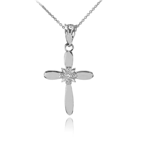 Solid 10k White Gold Dainty Accent Solitaire Diamond Cross Pendant Necklace