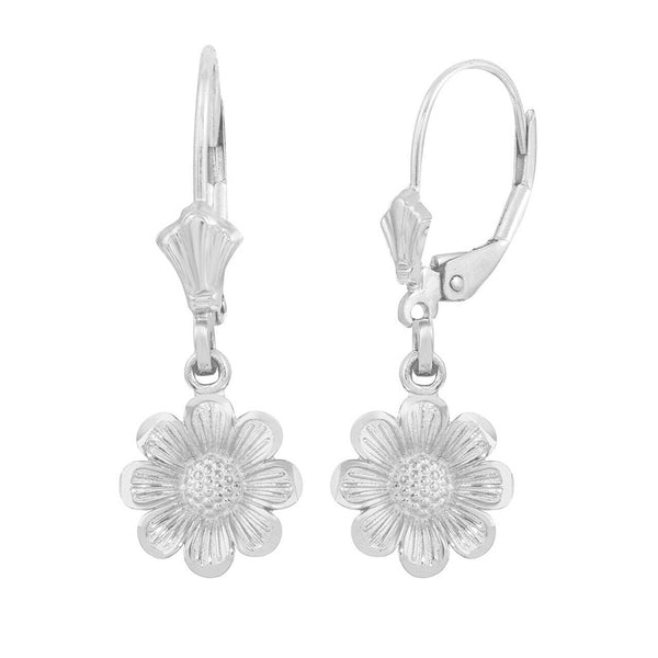 14k Solid White Gold Sunflower Diamond Cut Leverback Earrings Set