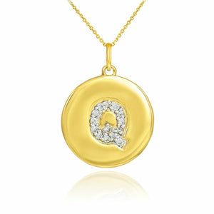 Solid 10k Yellow Gold Letter "Q" Initial Diamond Disc Charm Pendant Necklace