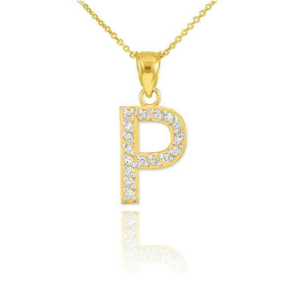 10k Solid Yellow Gold Diamond Monogram Initial Letter P Pendant Necklace