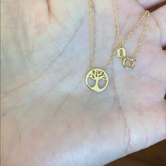 14K Solid Real Gold Cut Out Tree of Life Disk Mini Disc Necklace - Minimalist