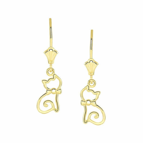 10k Solid Yellow Gold Openwork Cat Oultine Leverback Earrings