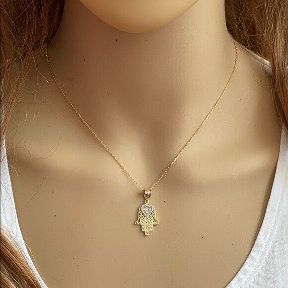 10k Solid Rose Gold Diamond Filigree Hamsa Pendant Necklace 16" 18" 20" 22"