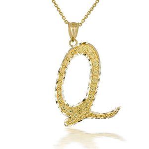 10k Solid Yellow Gold Cursive Initial Letter Q Pendant Necklace