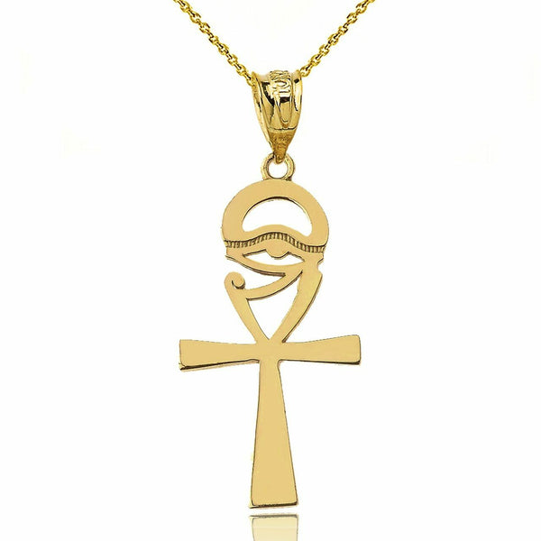 14k Solid Yellow Gold Ankh Cross Eye Of Horus Pendant Necklace