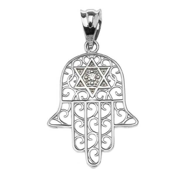 10k Solid White Gold Hamsa Hand With Diamond Star Of David Pendant Necklace