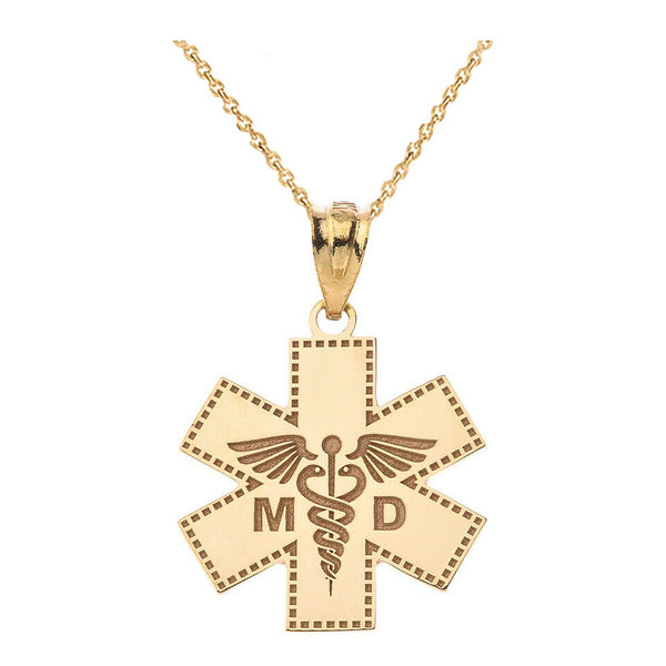 Personalize Name 10k 14k Solid Gold Caduceus MD Medical Doctor Pendant Necklace