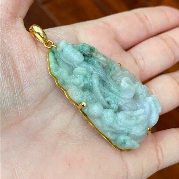 14K Solid Real Gold Natural Jadeite Jade Lotus Kwan Yin Lady Buddha Pendant 703