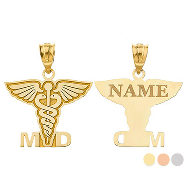 Personalize Name 10k 14k Gold Caduceus MD Medical Doctor Pendant Necklace