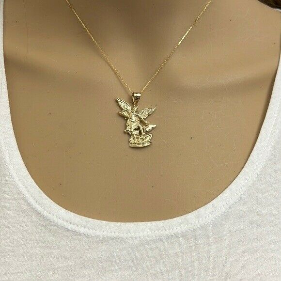 14K Solid Yellow Gold Saint St. Michael The Archangel Pendant Necklace 1.35"