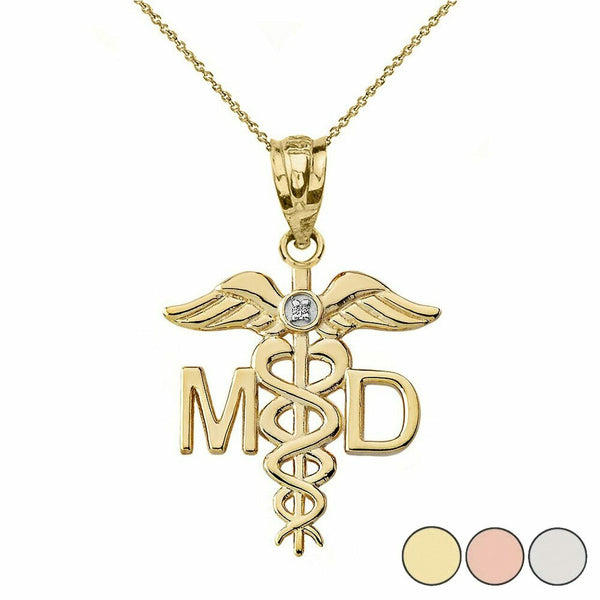 Solid 10k Yellow Gold Diamond MD Medical Doctor Wings Pendant Necklace