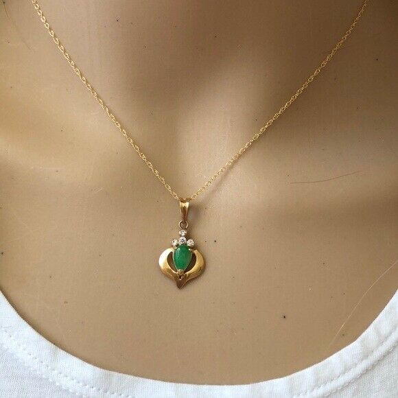 14K Solid Gold Teardrop Jade Pendant / Charm Dainty Necklace - Minimalist