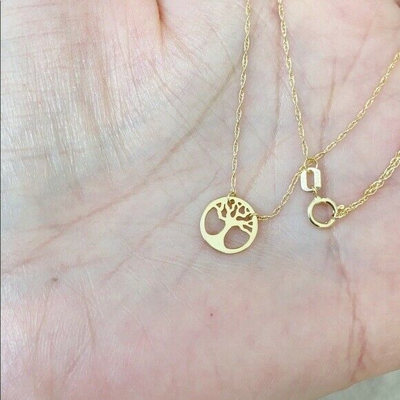14K Solid Real Gold Cut Out Tree of Life Disk Mini Disc Necklace - Minimalist