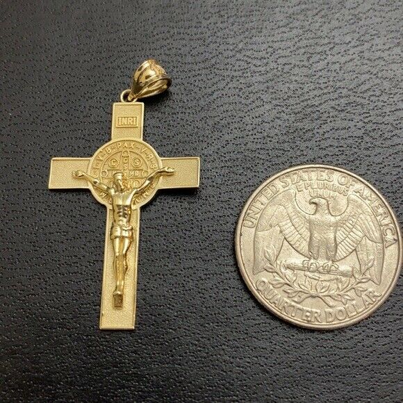 14K Solid Yellow Gold Large St. Benedict Crucifix Cross Pendant Necklace 1.6"