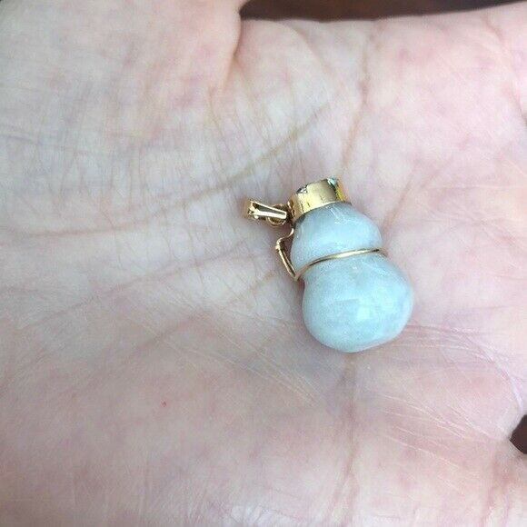 14K Solid Gold White Jade Gourd Bottle Pendant /Charm Flat Cuban Necklace