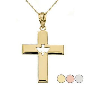 14K Solid Gold Religious Cross With Cut-Out Holy Spirit Dove Pendant Necklace