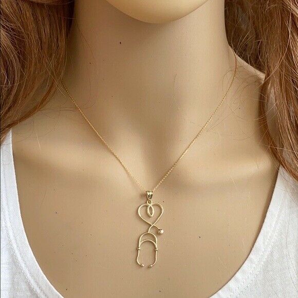 14k Solid White Gold Stethoscope Heart Pendant Necklace 16" 18" 20" 22"