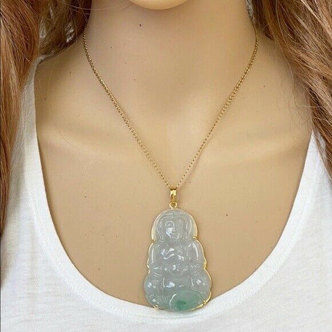 14K Solid Gold Natural Jadeite Jade Kwan Yin Icy Clear Buddha Pendant Large