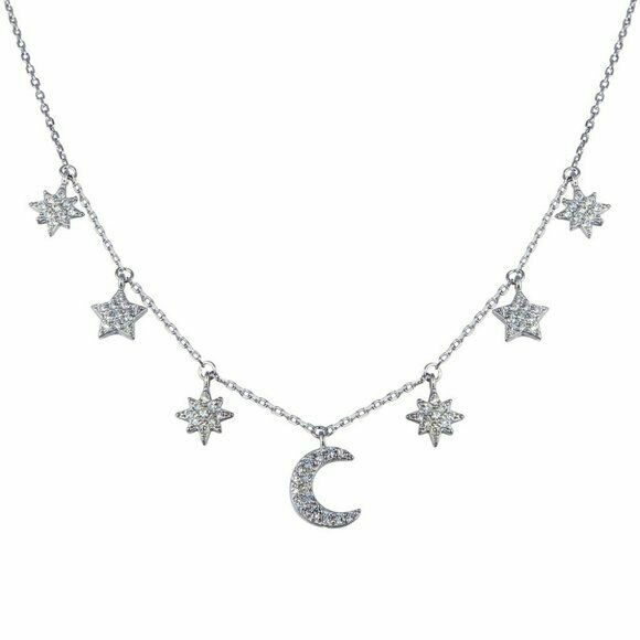 925 Sterling Silver Dangling Star and Crescent Moon CZ Pendant Necklace 16"-18"