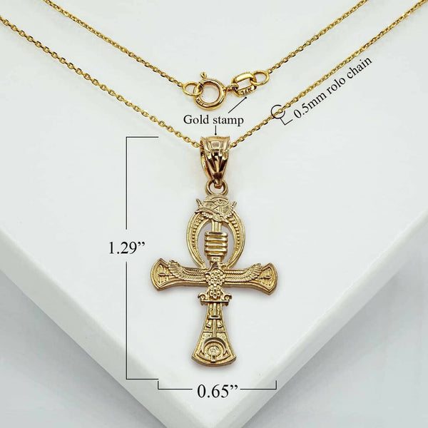 14K Solid Gold Egyptian Ankh 3D Pendant Necklace - Yellow, Rose, or White Gold