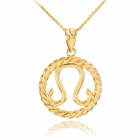 14K Solid Gold Leo Zodiac Sign in Circle Rope Pendant Necklace 16" 18" 20" 22"