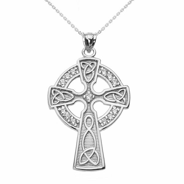 Solid 14k White Gold CZ Irish Trinity Knot Celtic Cross Pendant Necklace