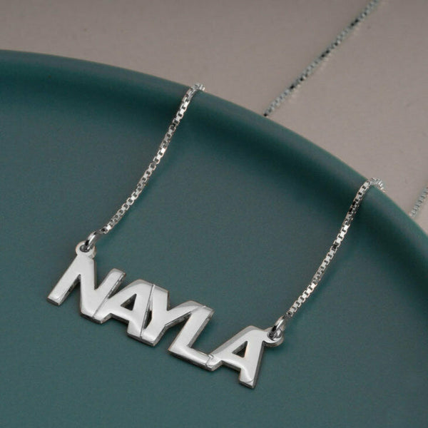 Personalized Yellow Gold over Silver Capital Name Plate Box Chain Necklace