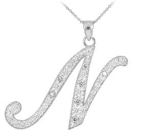 Personalized 925 Sterling Silver CZ Initial Script Letter N Pendant Necklace