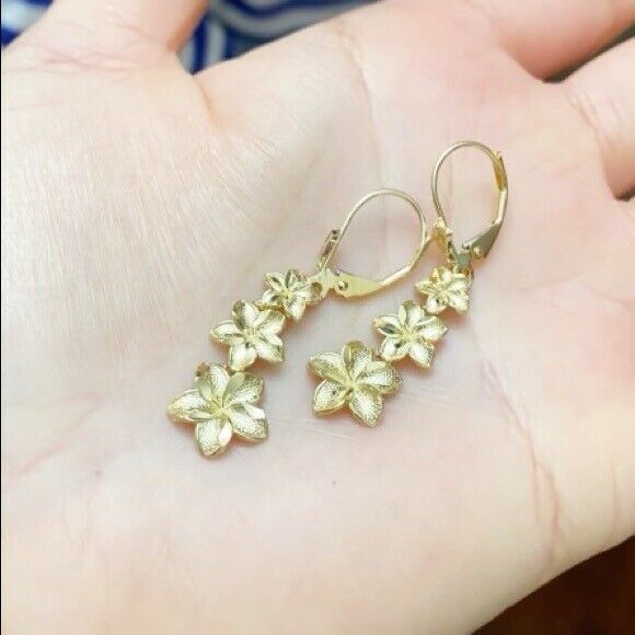 14k Solid Real Yellow Gold Elegant Plumeria Flower Leverback Earrings