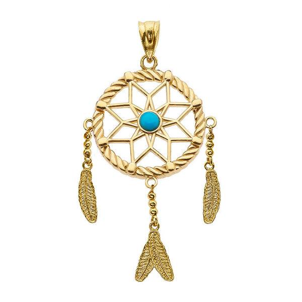 10k Solid Yellow Gold Turquoise Flower Dream Catcher Pendant Necklace