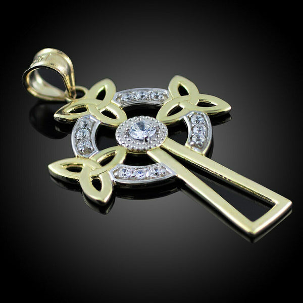 Solid 14k Two-Tone Gold Celtic Cross Trinity Knot Diamond Pendant Necklace