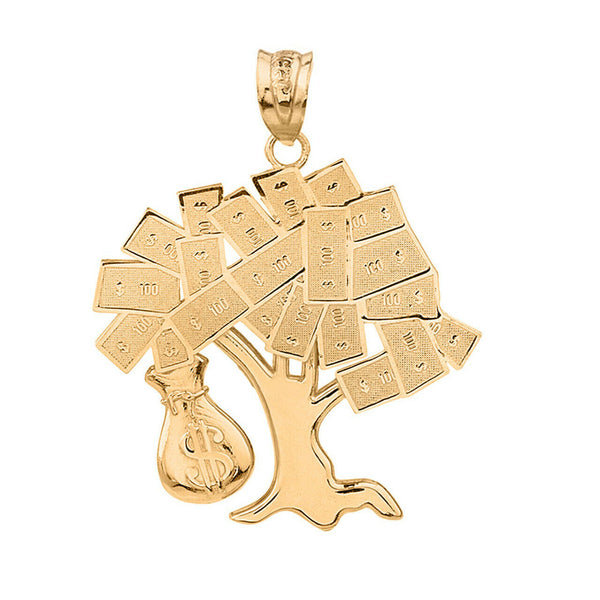 10K Solid Gold Hip Hop Money Tree Money Bag Pendant Necklace