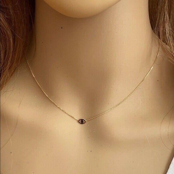 14K Solid Yellow Gold Mini Evil Eye Necklace - Minimalist 16"-18" adjust