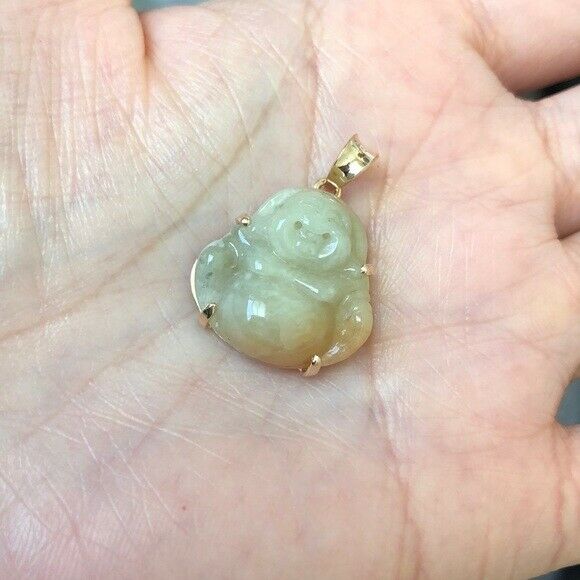 Small 18K Solid Yellow Gold Happy Laughing Buddha Jade Religious Pendant - P667