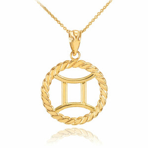 14K Solid Gold Gemini Zodiac Sign in Circle Rope Pendant Necklace